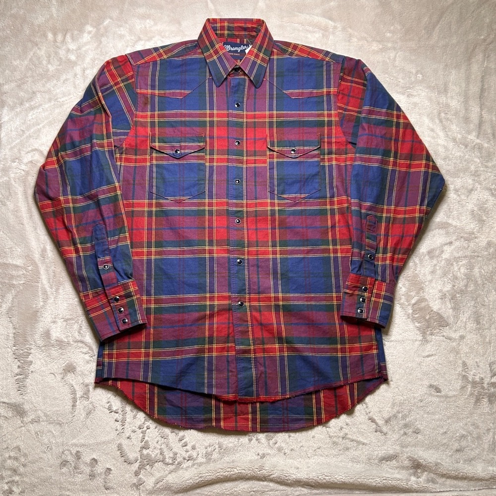 Vtg Wrangler Pearl Snap Shirt Mens 15.5 34 Plaid Western Cowboy Rodeo Workwear - Picture 1 of 8